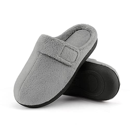BCTEX COLL Women's Fuzzy Adjustable House Slippers with Comfortable Memory Foam, Lady's Closed Toe Bedroom Slippers Non-Slip 9-10 Grey