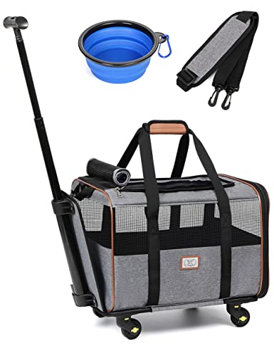 Lekereise Cat Carrier with Wheels Airline Approved Rolling Pet Carrier with 1 Bowl, Grey