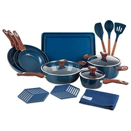 PHANTOM CHEF 18-Piece Cookware Set | Non-Stick Ceramic Coating | Oven & Dishwasher Safe | PFOA-Free | Aluminum Pots & Pans Set with Lids | Stay-Cool Handles | Induction Stovetop Compatible (Navy)