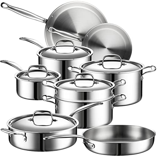 Legend 5 Ply 14 pc All Stainless Steel Heavy Pots & Pans Set | Professional Quality Cookware 5ply Clad Home Cooking & Commercial Kitchen Surface Induction Oven Safe | Non-Teflon PFOA, PTFE & PFOS Fre