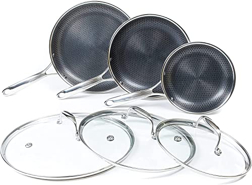 HexClad 6 Piece Hybrid Stainless Steel Cookware Pan Set 8", 10", 12" with Glass Lids, Stay Cool Handle, Non-Stick, Dishwasher, Oven Safe, Works on Induction, Ceramic and Gas Cooktops