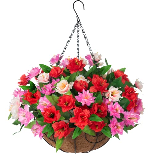 Artificial Flowers with Hanging Basket Planter for Home Decoration, Silk Rose Peony Outdoor Indoor Garden Yard, Metal Coconut Lining Basket with Faux Plant, Mix Color