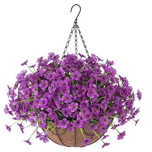 Ammyoo Artificial Hanging Flowers in Basket for Porch Lawn Garden Decor,12 inch Coconut Lining Hanging Baskets with Artificial Daisy Flowers for The Decoration of Outdoors and Indoors