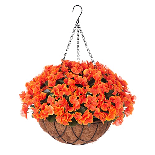INXUGAO Artificial Hanging Flower with Basket for Courtyard Decoration, Fake Silk Orchid Flowers Fake Plant Arrangement in 12 inch Coconut Lining Hanging Basket for Outdoors Indoors Decor(Orange)
