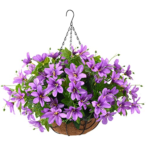 Artificial Orchid with Hanging Basket, 12-inch Coconut LiningHanging Flower Potted for Porch Courtyard Decoration, Artificial Plants Hanging Flower Basket Indoor and Outdoor Decoration(Purple)