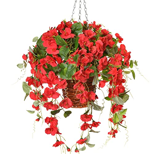 Artificial Flowers withHanging Baskets, Fake Silk Orchid Rose Flowers Plants in Baskets, Faux Flower Centerpieces for Home Decoration Outdoor Garden Yard Patio Landscaping (Red)
