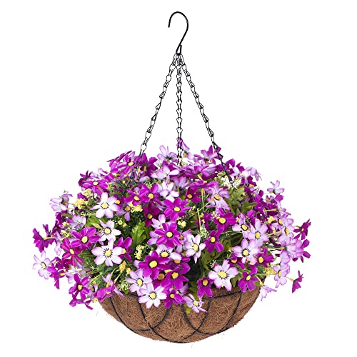 Artificial Hanging Flower in Basket for Outdoors Indoors Decor, Hanging Basket with Flower Arrangement, Fake Silk Daisys in 12 inch Coconut Lining Hanging Basket for Home Courtyard Decoration,(Violet)