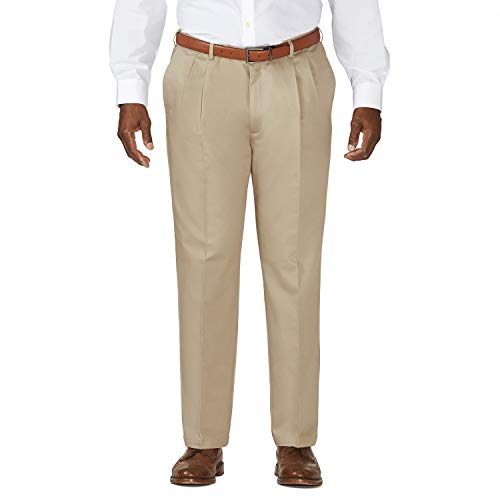 Haggar mens Work To Weekend Khaki Classic Fit No Iron Hidden Expandable Waistband Pleated Front Pant, Khaki, 38x32