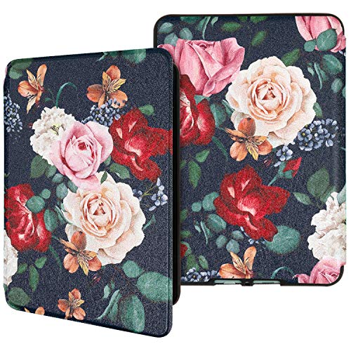 Hi Space Pink Red Roses Floral Water-Safe Case for Kindle Paperwhite 4 (10th Generation-2018), PU Leather Smart Peony Flowers Cover with Auto Wake/Sleep Paperwhite 4 10th Released for Girls Women, K10