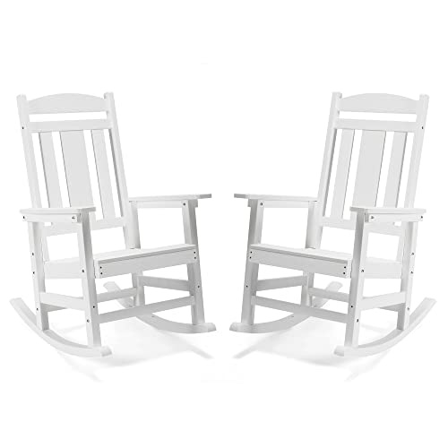 LUE BONA Outdoor Rocking Chairs Set of 2, Weather Resistant Poly Plastic Rocker Chairs, 350lb Heavy Duty, Oversized Porch Rocker for Adult, High Back Smooth Rocking Chairs for Outdoor & Indoor, White