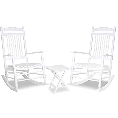 MUPATER Outdoor Rocking Chair Set 3-Piece Patio Wooden Rocker Bistro Set with Foldable Table and Curved Seat, White