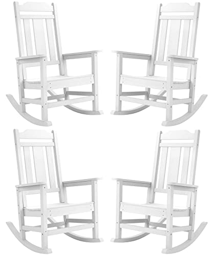 hOmeHua Patio Rocking Chair Set of 4, All Weather Resistant Outdoor Indoor Fade-Resistant Patio Rocker ChairStable Durable Smooth Rocking, Comfortable Easy to Maintain, Load Bearing 350 lbs - White