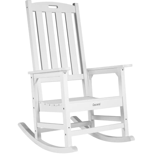 Cecarol Patio Oversized Rocking Chair Outdoor, Weather Resistant, Low Maintenance, High Back Front Porch Rocker Chairs 385lbs Support Poly Lumber Rocker, Wood-Like Plastic Chair, White-PRC01