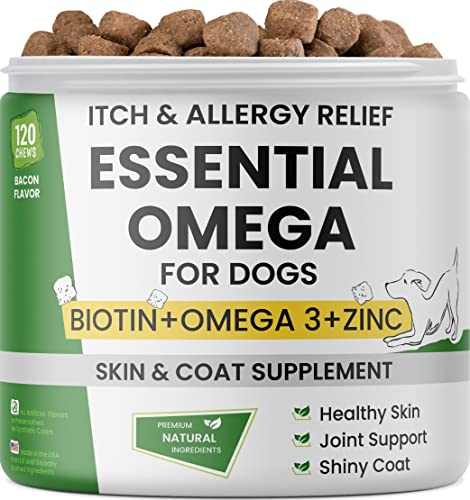 Omega 3 for Dogs - for Dry Itchy Skin - Fish Oil Chews - Skin & Coat Supplement - Itch Relief, Allergy, Anti Shedding, Hot Spots Treatment - w/EPA & DHA - Vitamins - Made in USA - 120 Treats