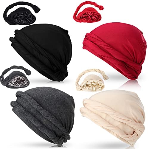 4 Pieces Turban for Men Twist Head Wraps for Men Stretch Modal and Satin Turban Mens Hair Scarf for Hair Wrap (Black, Dark Gray, Wine Red, Beige, Medium)