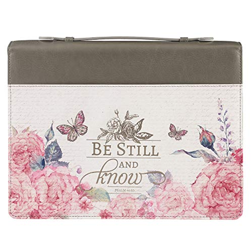 Christian Art Gifts Women's Fashion Bible Cover Be Still and Know Psalm 46:10, Pink Rose Butterfly Faux Leather, Large