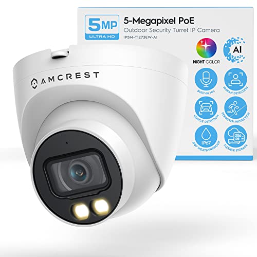 Amcrest Night Color AI Turret IP PoE Camera w/ 98ft Full Color Nightvision, Security IP Camera Outdoor, Built-in Microphone, Human & Vehicle Detection, 98 FOV, 5MP@20fps IP5M-T1273EW-AI