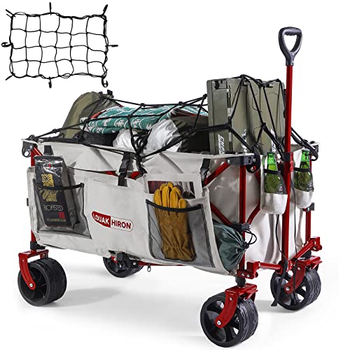 Collapsible Utility Folding Wagon Cart Heavy Duty Foldable Beach Wagon Cart, Large Capacity Foldable Grocery Wagon for Camping Garden Outdoor Fishing Beige (with Cargo Net)