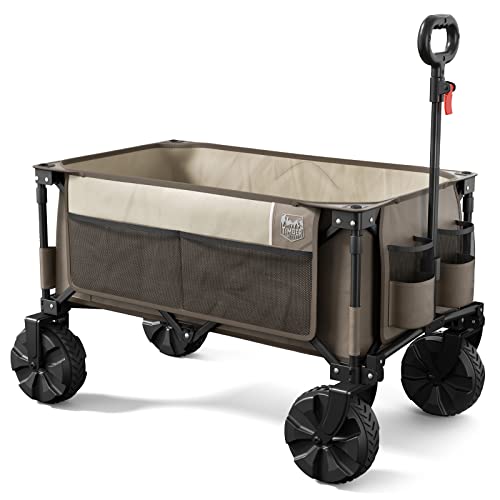 TIMBER RIDGE Outdoor Collapsible Wagon Utility Folding Cart Heavy Duty All Terrain Wheels for Shopping Camping Garden with Side Bag and Cup Holders,Tan