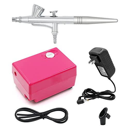 Airbrush Makeup Set Pinkiou Air Brush Kit for Face Paint with Mini Compressor 0.4mm Needle and Nozzle Nail Body Paint SP16 (RED)