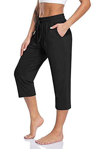 TARSE Women's Capris Plus Size Lightweight Summer Capri Crop Pants Ladies High Waisted Sweatpants Pockets (Black,2XL)