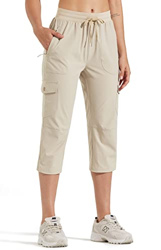 Libin Women's Cargo Capri Hiking Pants Lightweight Quick Dry Cropped Pants Summer Casual Outdoor with Zipper Pockets, Khaki, Large