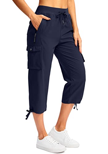 Soothfeel Women's Cargo Capris Pants with 6 Pockets Lightweight Quick Dry Travel Hiking Summer Pants for Women Casual (Navy, L)