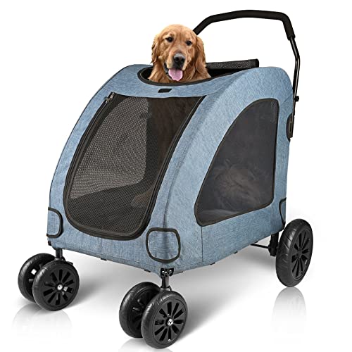 Petbobi Dog Stroller for Large Dogs, Breathable Large Space, Waterproof Oxford Cloth & Storage Bag, Detachable Folding, Lightweight 4 Rubber Wheel Stroller for 2 Medium Dogs Up to 120lbs, Blue