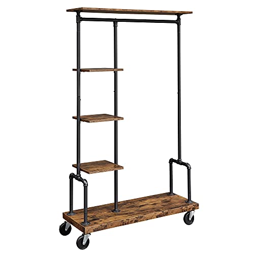 VASAGLE Clothes Rack, Clothing Garment Rack on Wheels, Rolling Clothes Organizer with 5-Tier, Industrial Pipe Style, Rustic Brown UHSR66BX