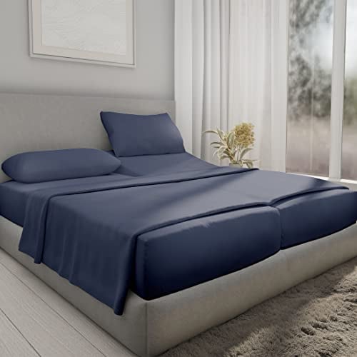 Split King Sheets for Adjustable Bed, Soft 100% Cotton Sheets, 400 Thread Count Sateen, 5 Pc Set - 2 Twin-XL Fitted Sheets, Deep Pocket Sheets, Cooling Sheets, Beats Egyptian Cotton (Indigo Navy Blue)