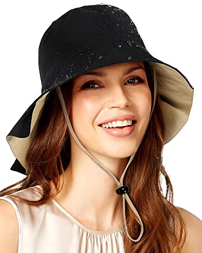 Waterproof Sun Hat for Women Summer UV Protection Rain Hat Wide Brim Floppy Beach Gardening Bucket Hat with Neck Flap Black