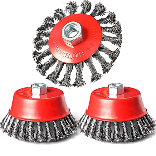 4 Inch Wire Wheel Brush Set for Grinder, DaduoRi 3 Pack Wire Wheels for 4 1/2 Angle Grinder, 5/8 Inch-11 Threaded Arbor-Coarse Crimped Twisted Knotted Cup Brush,Heavy Cleaning Rust Stripping Abrasive