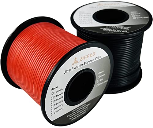 ZIGPEO 18 AWG Silicone Wire 200FT, Extra Flexible 18 Gauge Stranded Copper Wire, High Temp 392 600V - RC, Automotive, Battery | Tinned Copper Conductor - 100FT Red & 100FT Black Spools