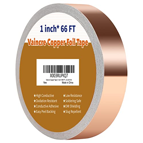 Vaincre Copper Tape Conductive Adhesive (1 inch X 66 FT), Copper Foil Tape for Stained Glass, Conductive Tape Copper Shielding Tape for Guitars, Crafts, Grounding, Electrical Repairs, EMI Shielding