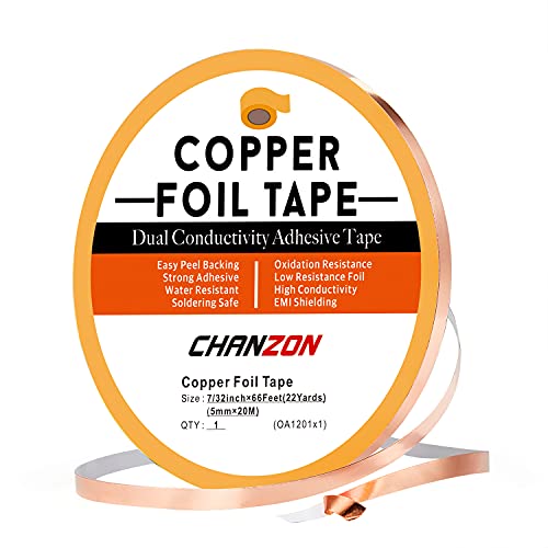 CHANZON Copper Foil Tape 5mm 7/32 inch x 66ft Double Sided Conductive Adhesive for Soldering,Electric,Stained Glass,Crafts,Repair,Paper Circuits,EMI & RF Shielding,Grounding,Guitars