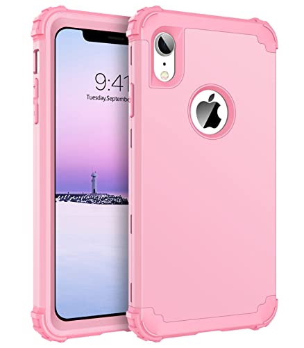 BENTOBEN iPhone XR Case, iPhone XR Phone Case, 3 in 1 Heavy Duty Rugged Hybrid Shockproof Hard PC Soft Silicone Bumper Non-Slip Protective Cute Cases Cover for iPhone XR 6.1 Inch 2018, Light Pink