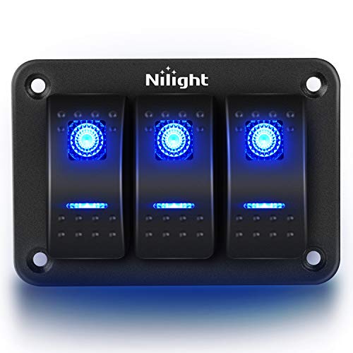 Nilight 90017C 3 Gang Aluminum Panel Toggle Dash 5 Pin On/Off Pre-Wired Rocker Switch Holder for Automotive Car Marine Boat, 2 Years Warranty,Blue