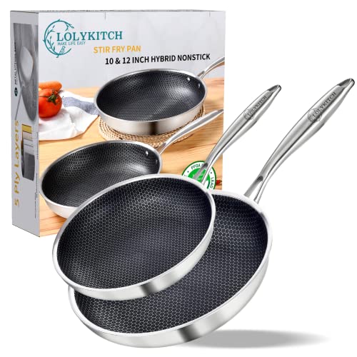 LOLYKITCH Tri-Layer Hybrid Stainless Steel 10 12-inch Frying Pan Set, Anti-Scratch Oven & Metal Utensil Safe Pan Compatible with Induction Stoves, Gas Stoves, Ceramic Stoves, Electric Stoves
