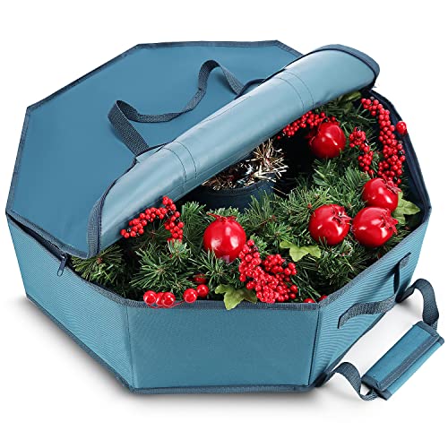 Hearth & Harbor Wreath Storage Container - Hard Shell Christmas Wreath Storage Bag With Interior Pockets, Dual Zipper And Handles - 24" Premium Wreath Storage Organizer Box