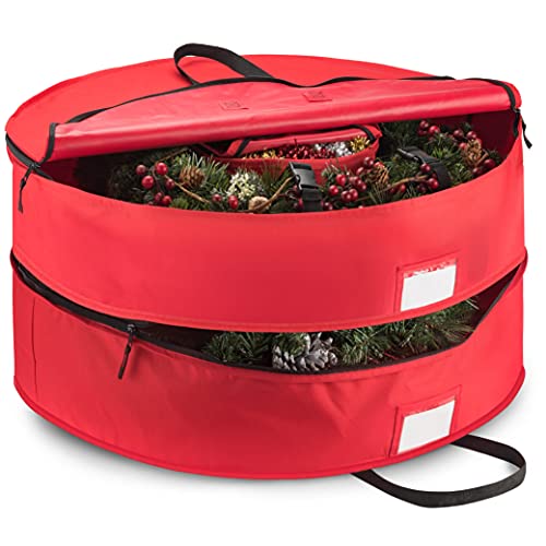 Double Premium Christmas Wreath Storage Bag 24, With Compartment Organizers For Christmas Garlands & Durable Handles, Protect Artificial Wreaths - Holiday Xmas Bag Made of Tear-Proof 600D Oxford