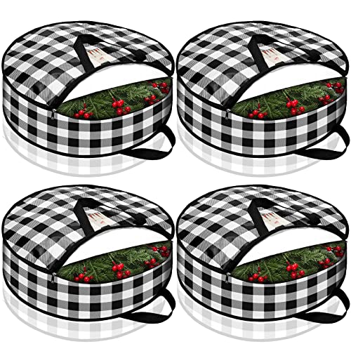 Sadnyy 4 Pieces Christmas Wreath Storage Bag Round Buffalo Plaid Wreaths Storage Container Large Zippered Wreaths Holder Container with Handles for Xmas Holiday Party (Black and White, 24 Inch)