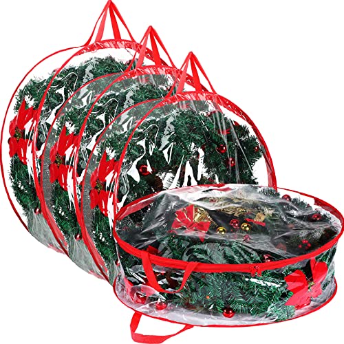 Wreath Storage Container Christmas Clear Xmas Wreath Storage Bag 24 Inches Christmas Plastic with Dual Zippers and Reinforced Handles Xmas Garland Container for Xmas Seasonal Wreath (Red, 4 Pieces)