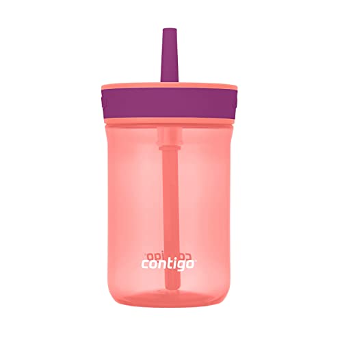 Contigo Leighton Kids Plastic Water Bottle, 14oz Spill-Proof Tumbler with Straw for Kids, Dishwasher Safe, Coral/Grape