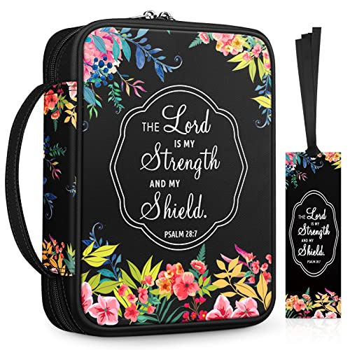 Floral Bible Cover w/A Bookmark, FINPAC Carrying Book Case Church Bag Bible Protective with Handle and Zippered Back Pocket, Perfect Gift for Adults Lady Women Mother, Black