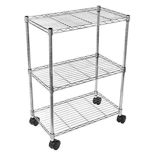 Simple Deluxe Heavy Duty 3-Shelf Shelving with Wheels, Adjustable Storage Units, Steel Organizer Wire Rack, 24.02L x 13.78W x 31.89H, Chrome, HKSHLF23133003CPC