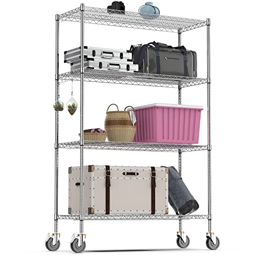 Raynesys Wire Shelving with 4" Wheels, 2400Lbs Heavy Duty 4-Tier Shelving Metal Shelves, 48x18x72in Steel Wire Storage Shelf Commercial Grade Adjustable Utility Rack for Garage, Kitchen, Chrome