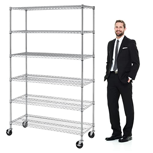 YYkokocat Heavy Duty 6 Tier Shelving Unit Adjustable 6000Lbs Capacity Steel Storage Rack 18" x 48 x 76 Mobile Shelves Wire Shelf Silver Rolling Utility Cart for Pantry Garage Kitchen- Chrome