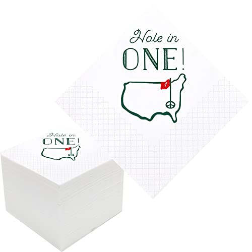 Geloar Golf Cocktail Napkins, 100 Pack Hole in One First Birthday Disposable Paper Cocktail Beverage Napkins for Baby 1st Party First Birthday Table Decorations | 2-Ply, 5x5 Inches (Hole in One)