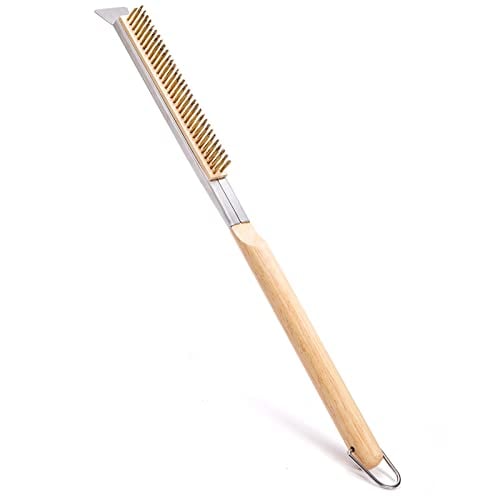ZEAYEA 21 Inch Pizza Oven Brush with Scraper, Brass Bristles for Pizza Oven, Copper Wire Pizza Stone Cleaning Brush for BBQ Grill Cleaning, Outdoor Pizza Oven Accessories