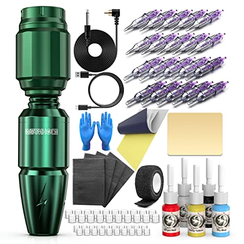 Wormhole Tattoo Kit Wireless Tattoo Machine Kit Tattoo Gun with 1,350 mAh Capacity Tattoo Power Supply Tattoo Pen Kit WTK171(Green)